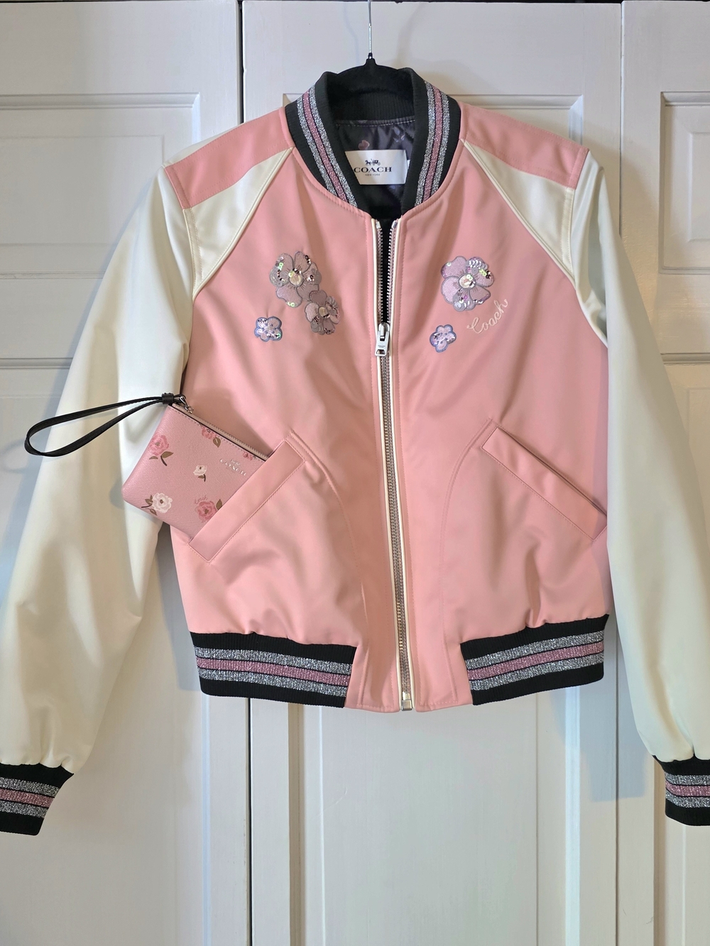 Coach Pink Floral Varsity Bomber Jacket + Matching Wristlet Bundle Medium - Picture 2 of 16